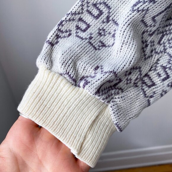 🍂 80s Vintage Chunky Light Cream Chunky Knit Sweater with Gray & Purple Pattern - Picture 4 of 7
